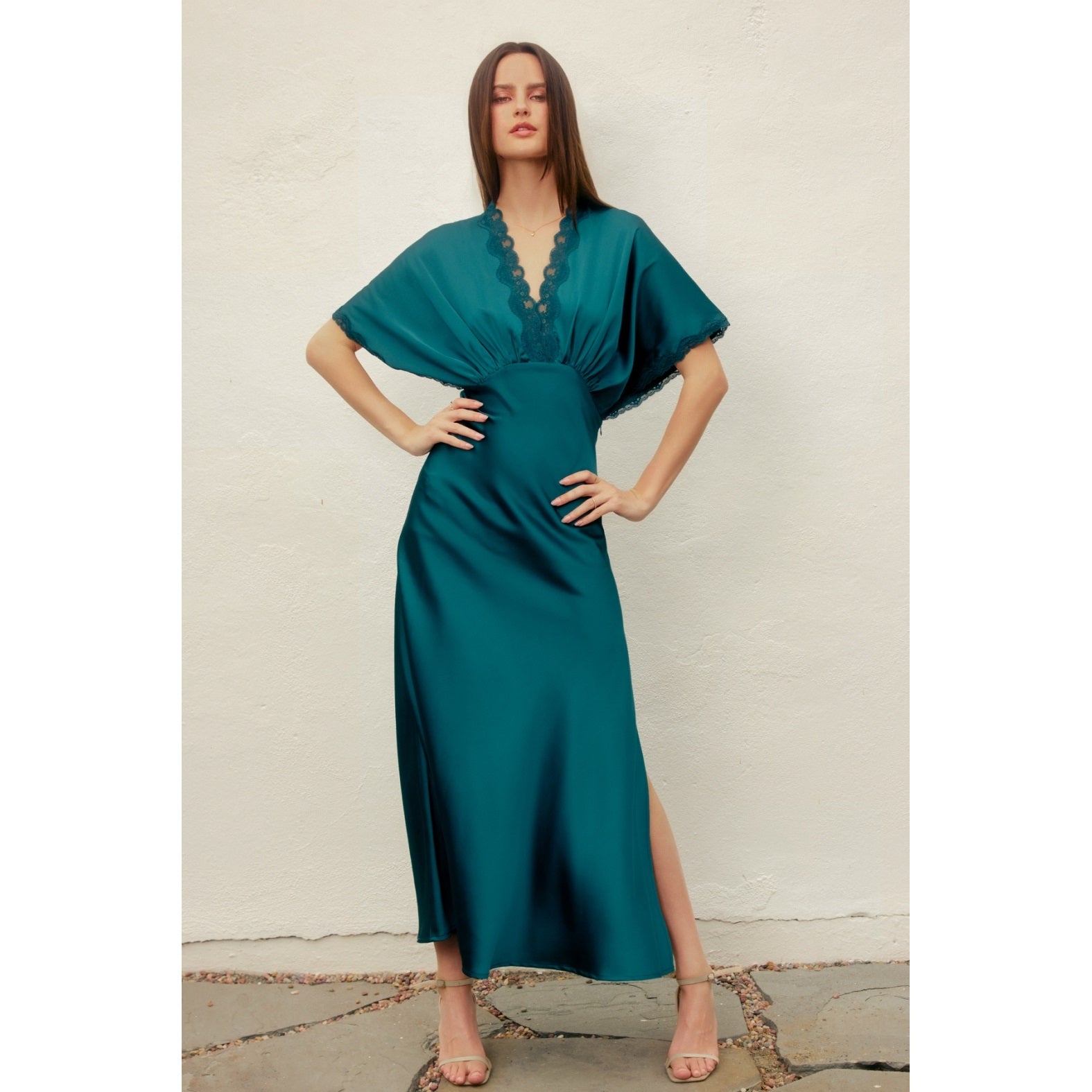Satin Lace Blouson Maxi Dress - Deep Emerald / Large Satin Lace Blouson Maxi Dress - Deep Emerald / Large