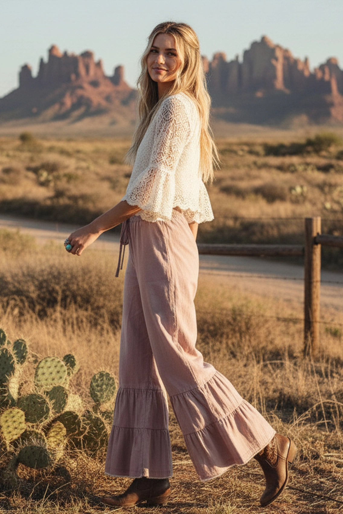 Stone Washed Woven Tiered Ruffle Wide Leg Pants