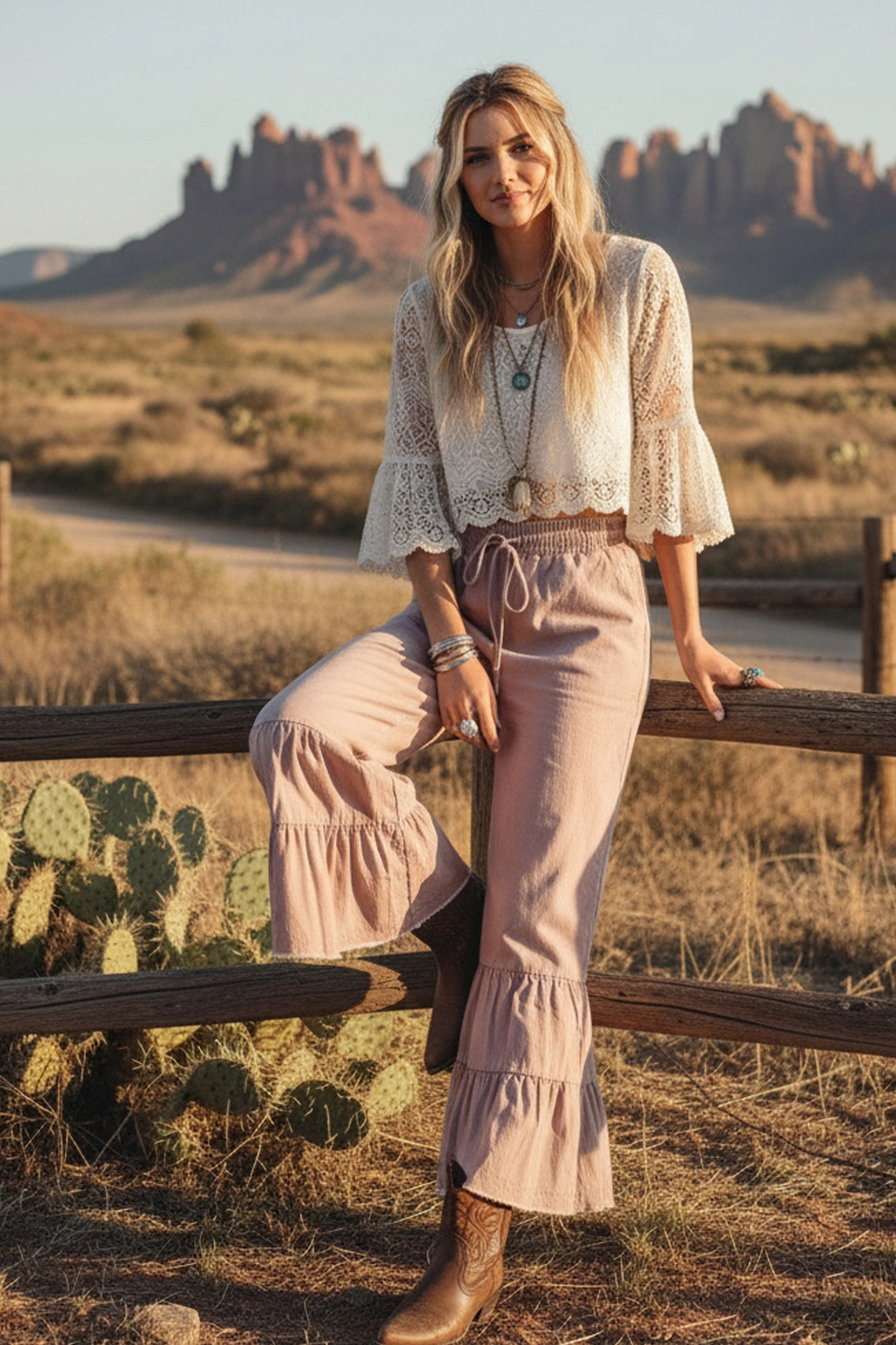 Stone Washed Woven Tiered Ruffle Wide Leg Pants