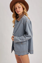 Bluivy Striped Denim Corduroy Collar Contrast Barn Coat
