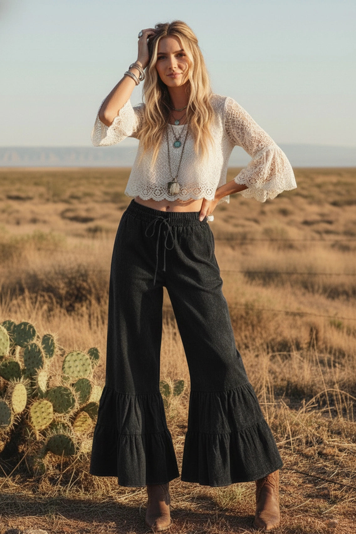 Stone Washed Woven Tiered Ruffle Wide Leg Pants