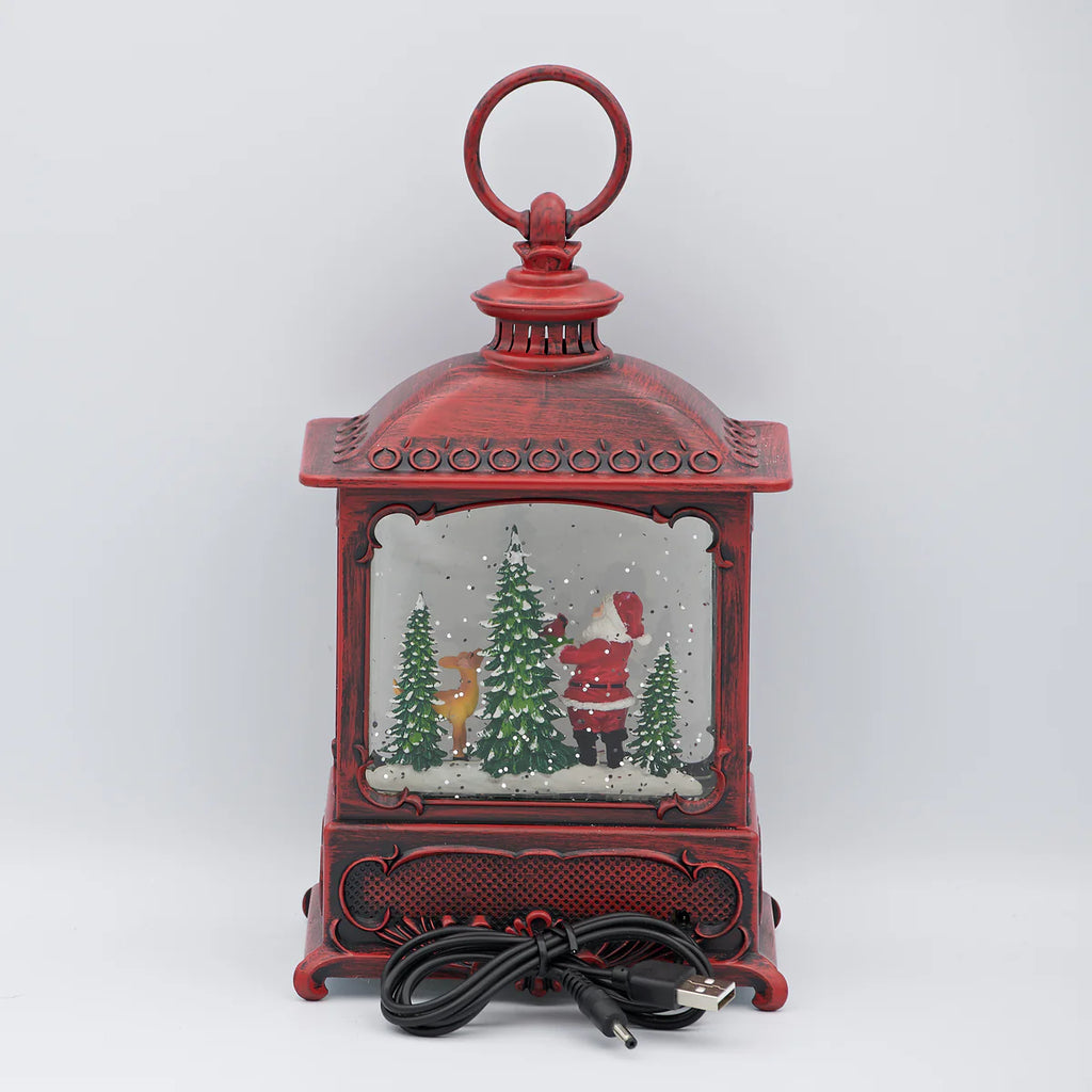 8.75"H Red Lighted Swirl Lantern Santa with Animals