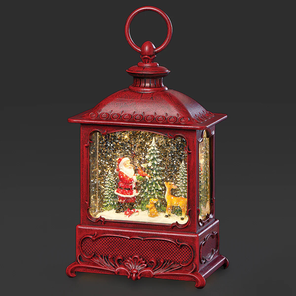 8.75"H Red Lighted Swirl Lantern Santa with Animals