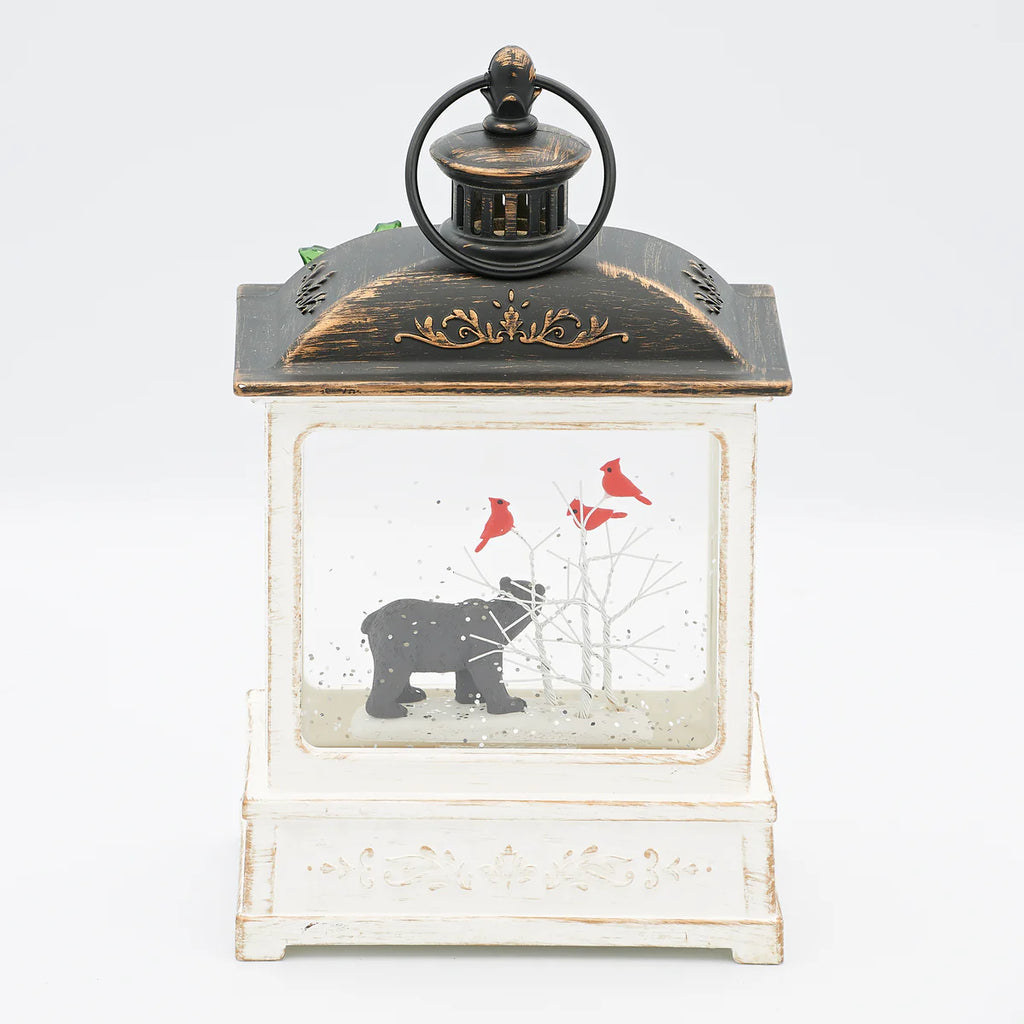 8.5"H Lighted Swirl Lantern Black Bear w/ Cardinal