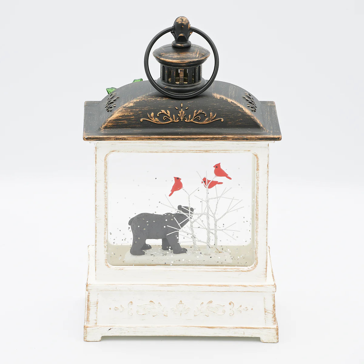 8.5"H Lighted Swirl Lantern Black Bear w/ Cardinal