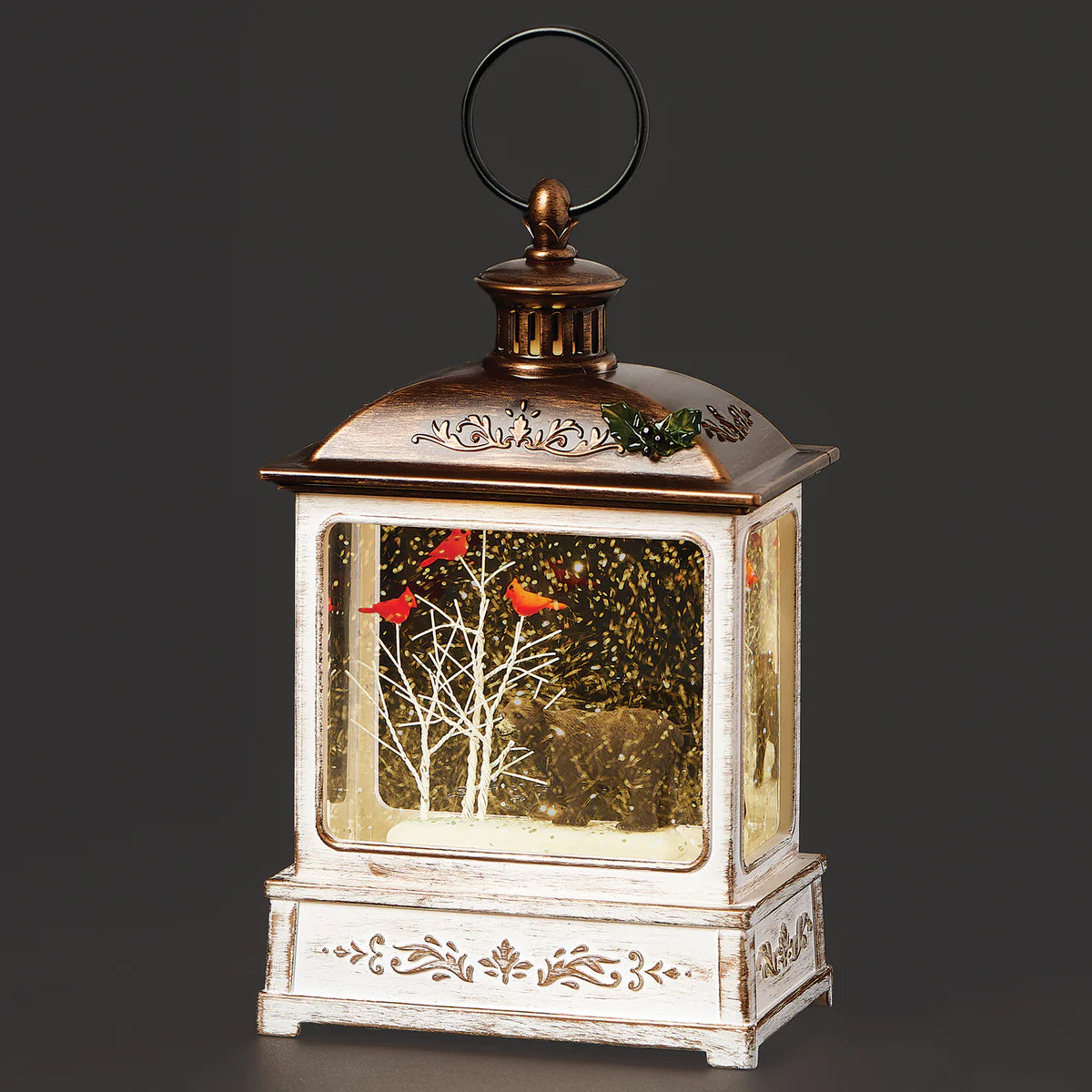 8.5"H Lighted Swirl Lantern Black Bear w/ Cardinal