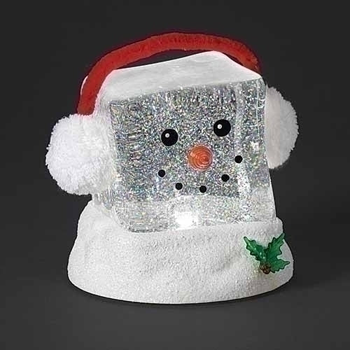 6.25" Lighted Swirl Cube Head Snowman w/ Ear Muffs