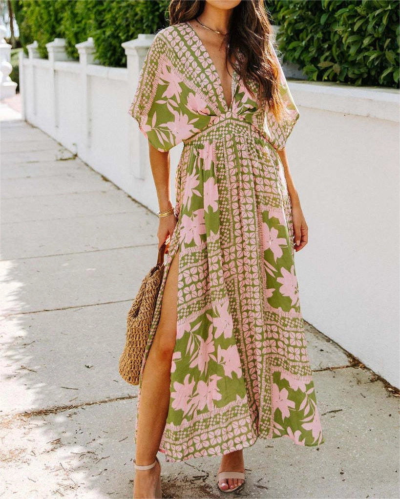 V-Neck Printed High-Waist Dress