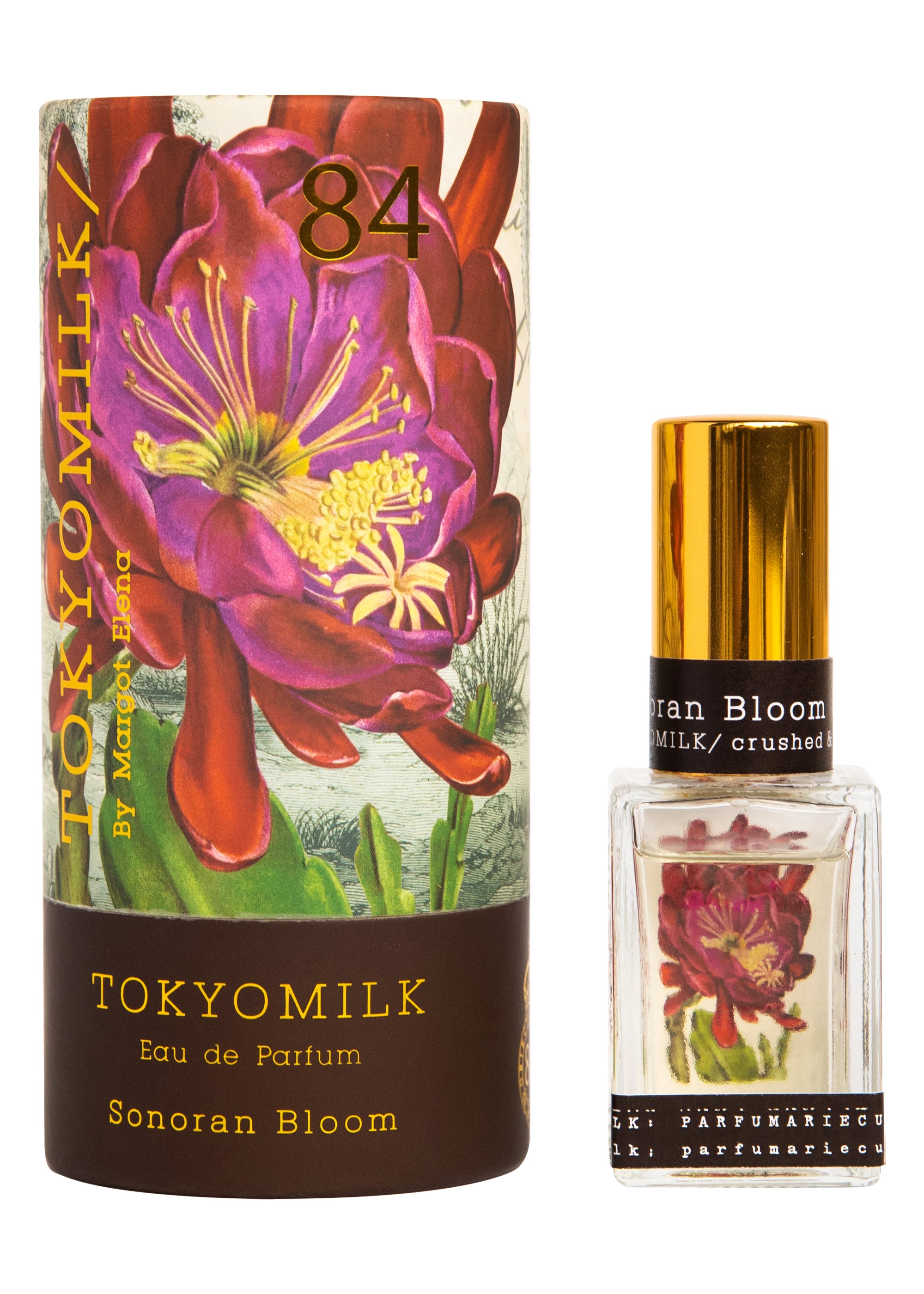 A bottle of Tokyo Milk Sonoran Bloom perfume next to its packaging, featuring a floral design.