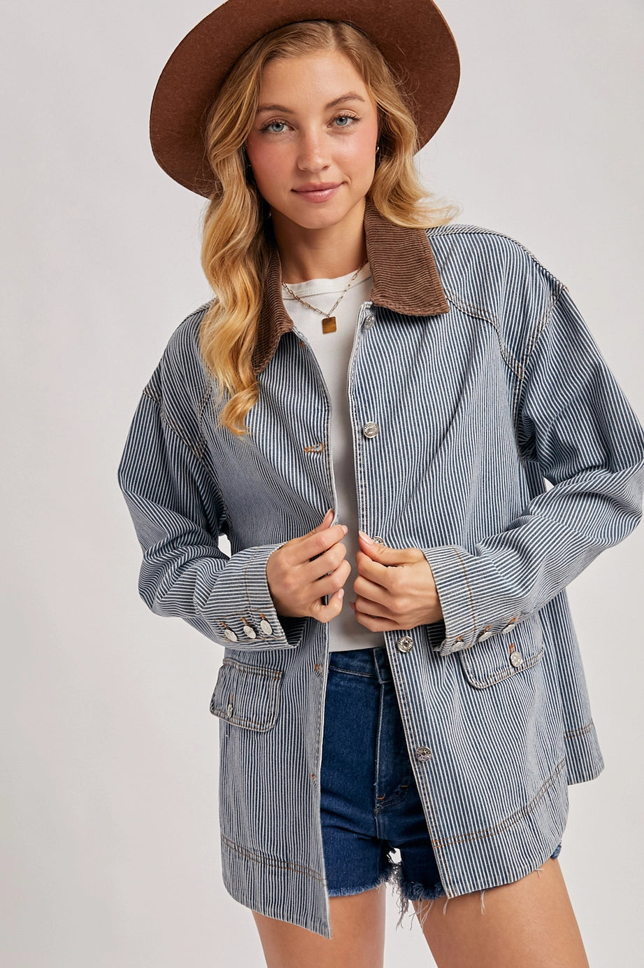 Bluivy Striped Denim Corduroy Collar Contrast Barn Coat