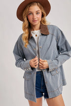 Bluivy Striped Denim Corduroy Collar Contrast Barn Coat