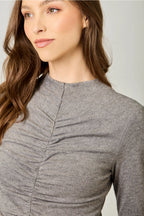 Mystree Ruched Mock Neck Top
