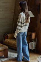 Cream Olive Striped Knit Sweater Button Down Cardigan