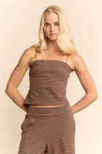 Davi & Dani Brown Yellow Strapless Top & Wide-Leg Pants Set
