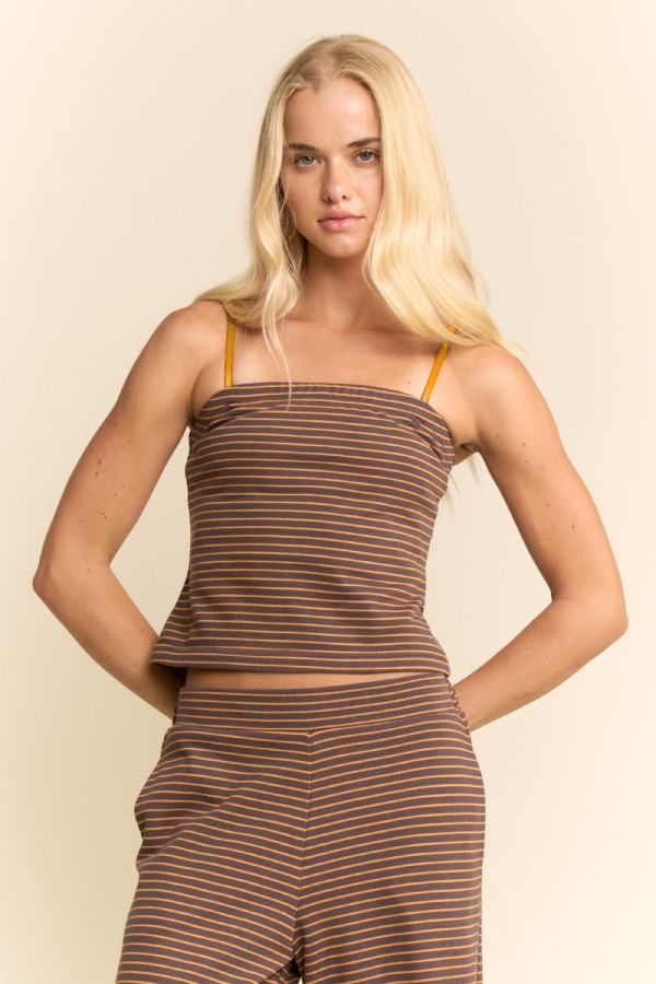 Davi & Dani Brown Yellow Strapless Top & Wide-Leg Pants Set