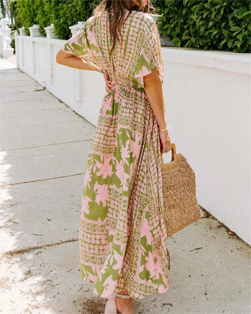 V-Neck Printed High-Waist Dress