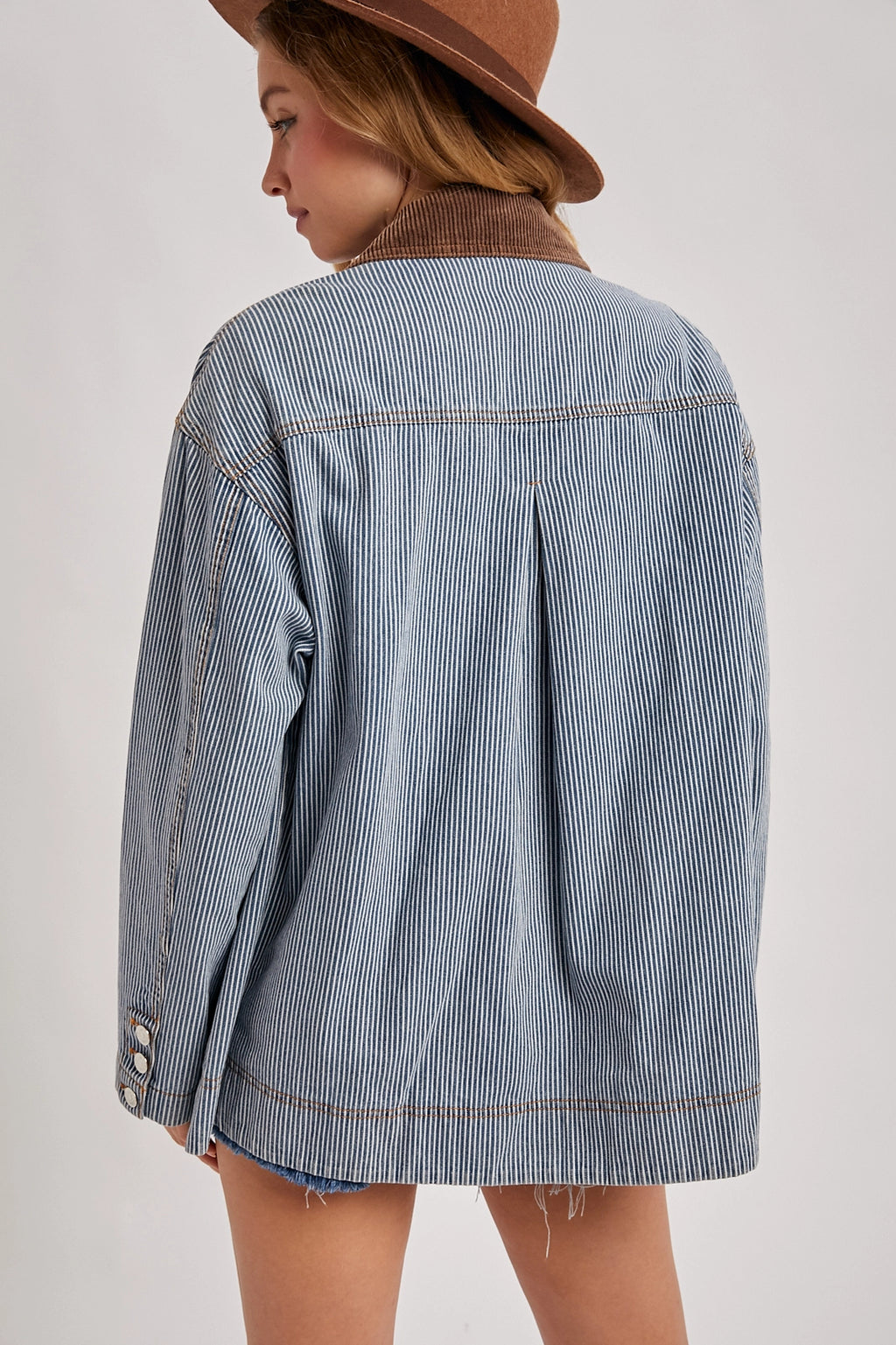 Bluivy Striped Denim Corduroy Collar Contrast Barn Coat