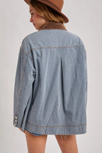 Bluivy Striped Denim Corduroy Collar Contrast Barn Coat