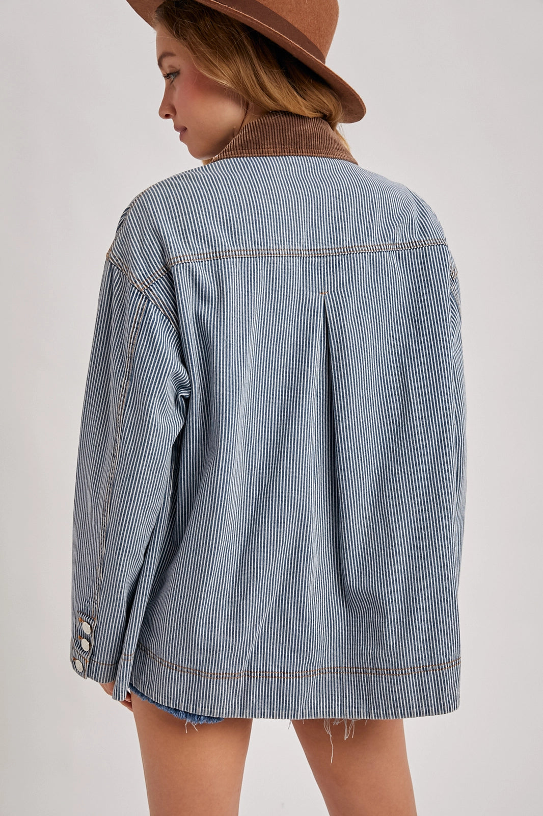 Bluivy Striped Denim Corduroy Collar Contrast Barn Coat