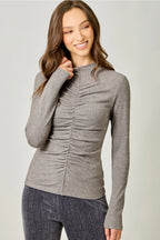 Mystree Ruched Mock Neck Top
