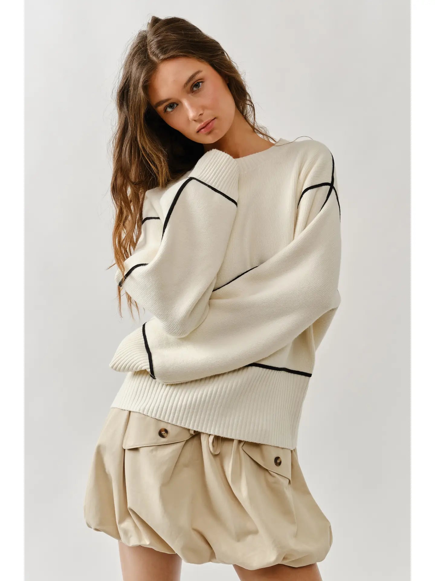 Aaron & Amber Cream Oversized Fit Contrast Stitching Sweater