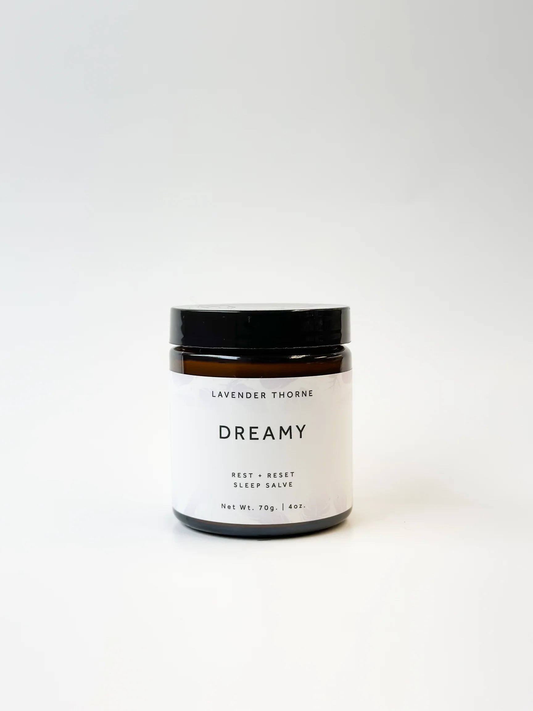 Jar of 'Dreamy' sleep balm by Lavender Thorne on a white background