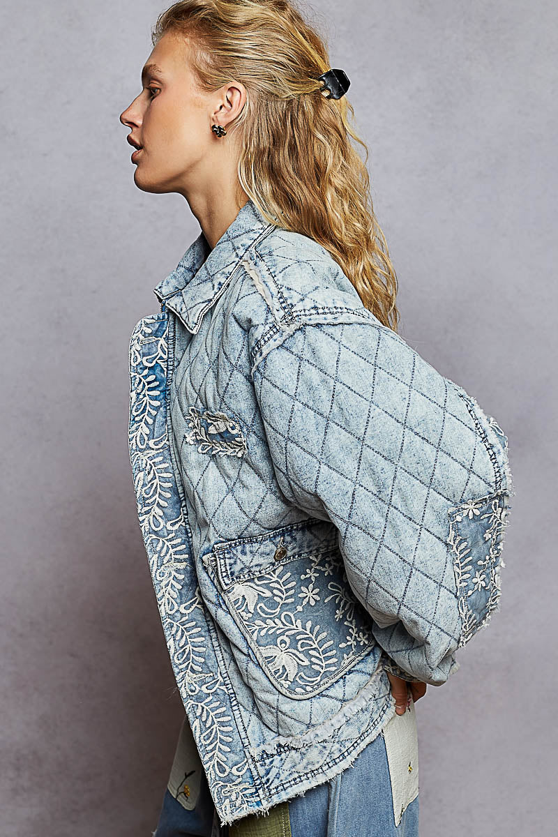 Patched Lace Quilted Denim Jacket