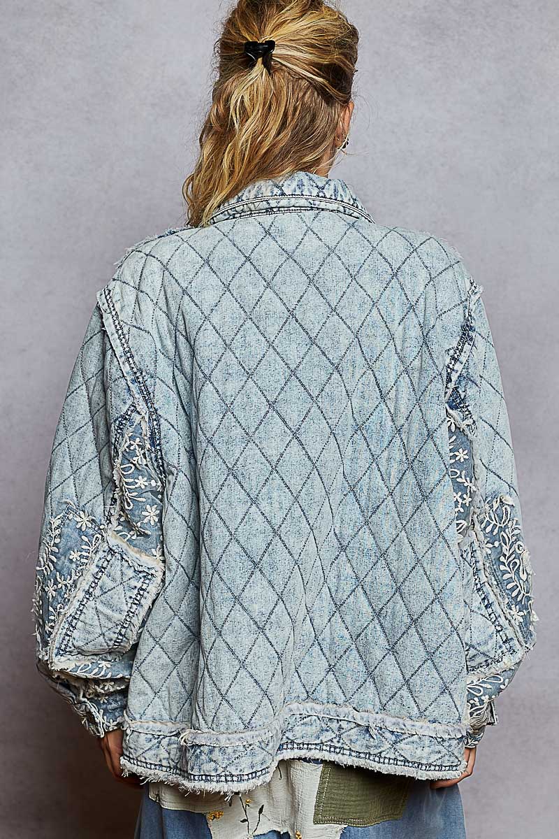 Patched Lace Quilted Denim Jacket