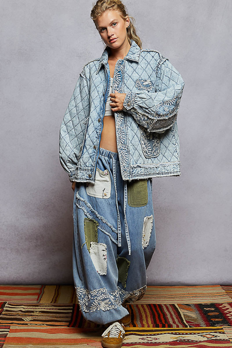 Patched Lace Quilted Denim Jacket