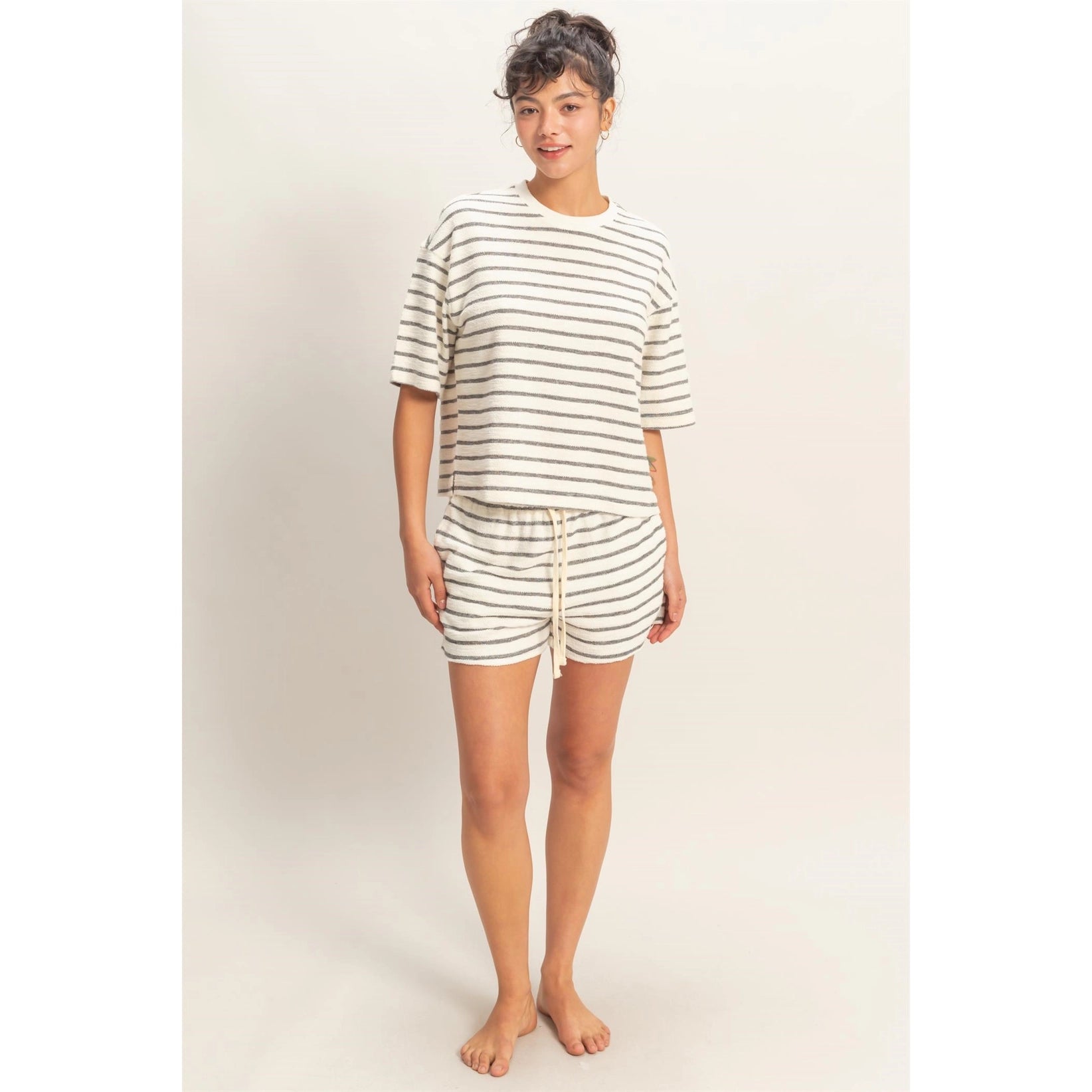 Striped Short Sleeve Terry Crewneck Top