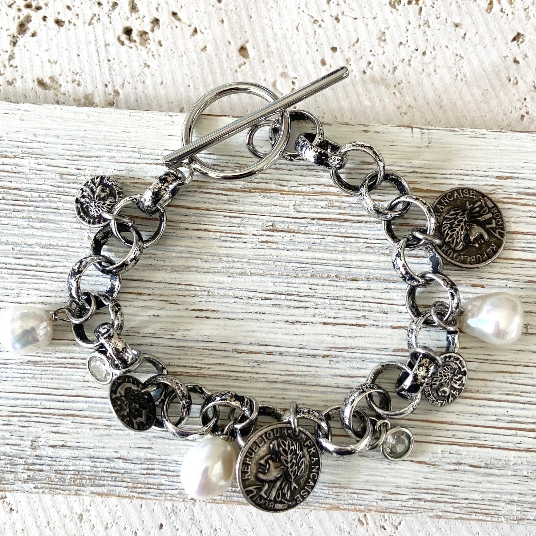 VB&Co. French Coin and Pearl Charm Bracelet