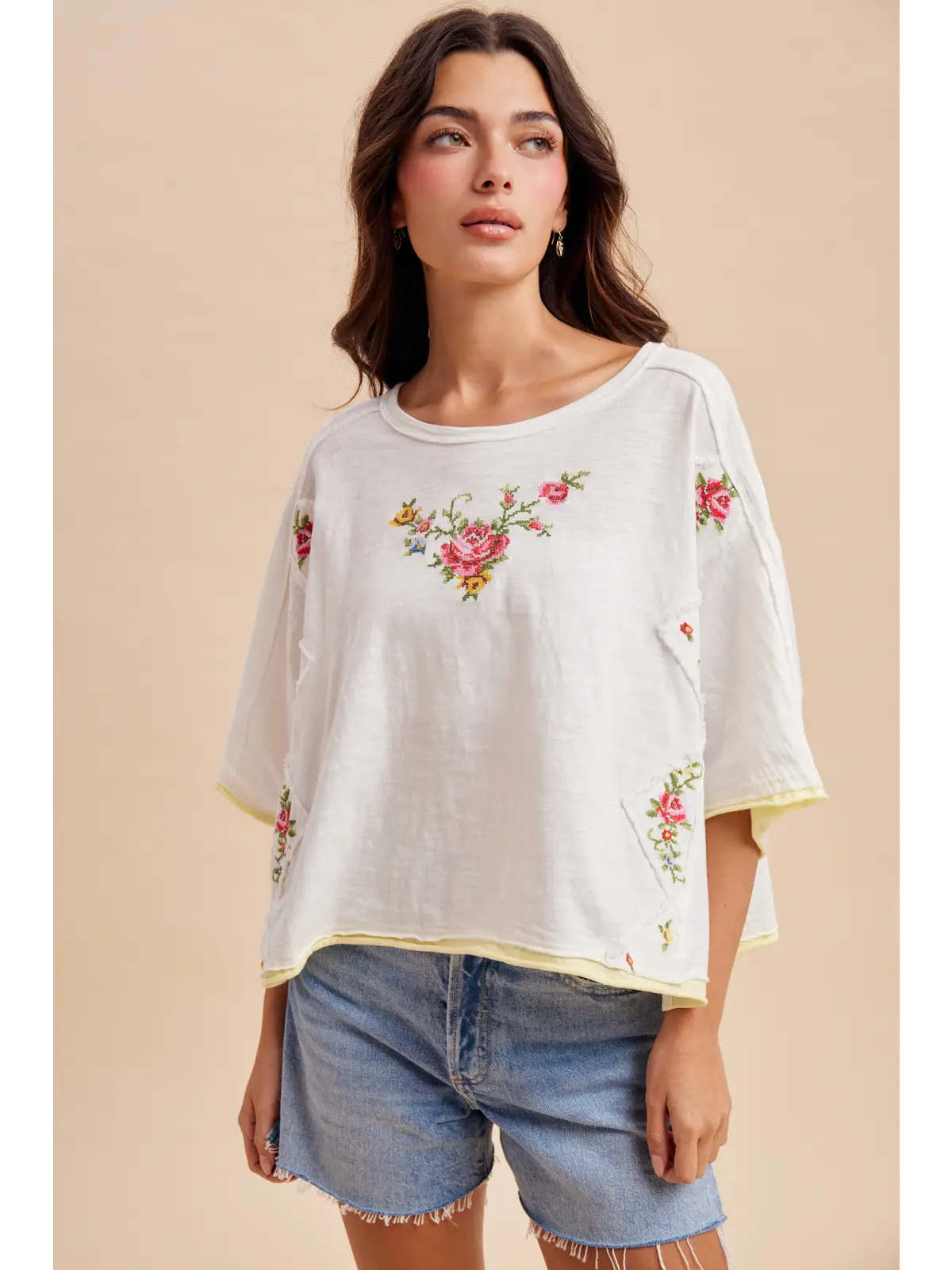 Cross Stitched Floral Embroidered Tee