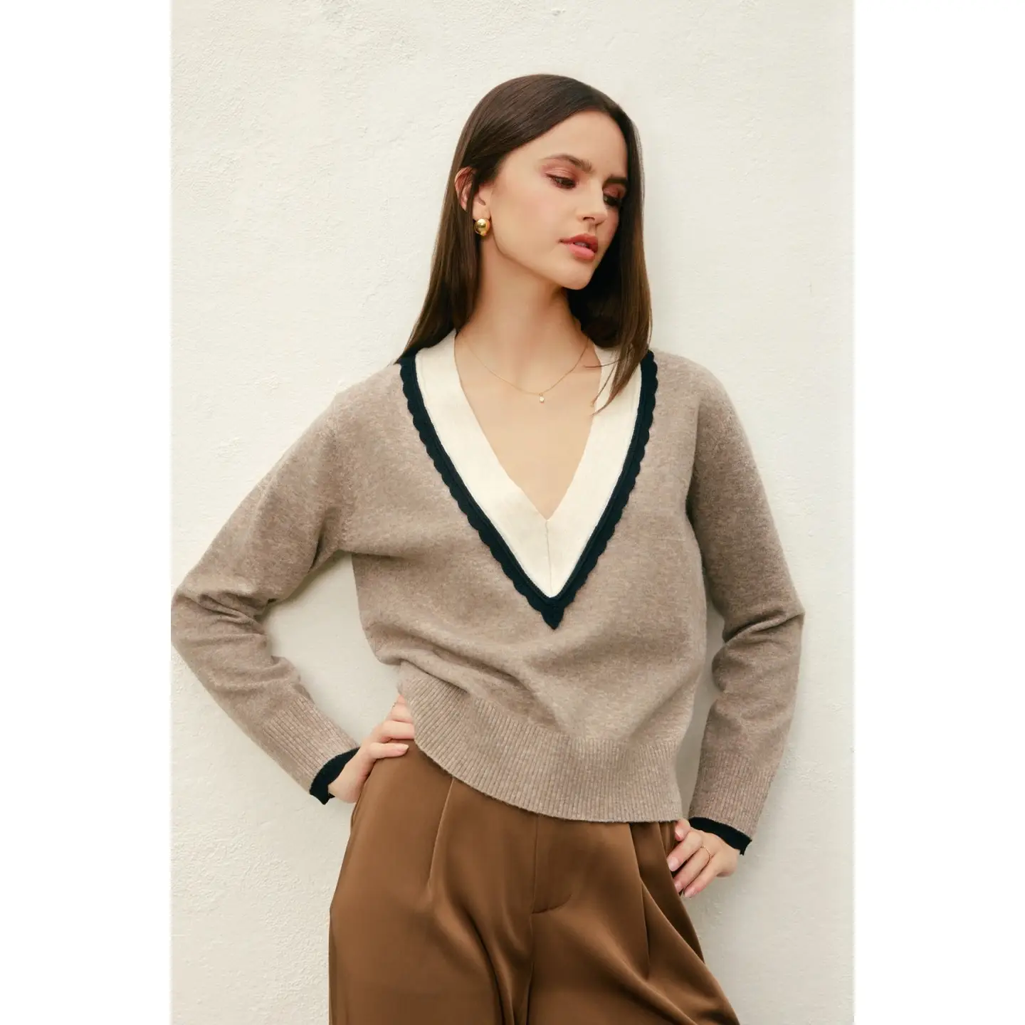 Varsity Contrast Deep V Neck Sweater