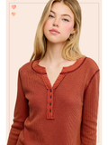 Baked Clay Waffle Long Sleeve Button Front Henley Thermal Top