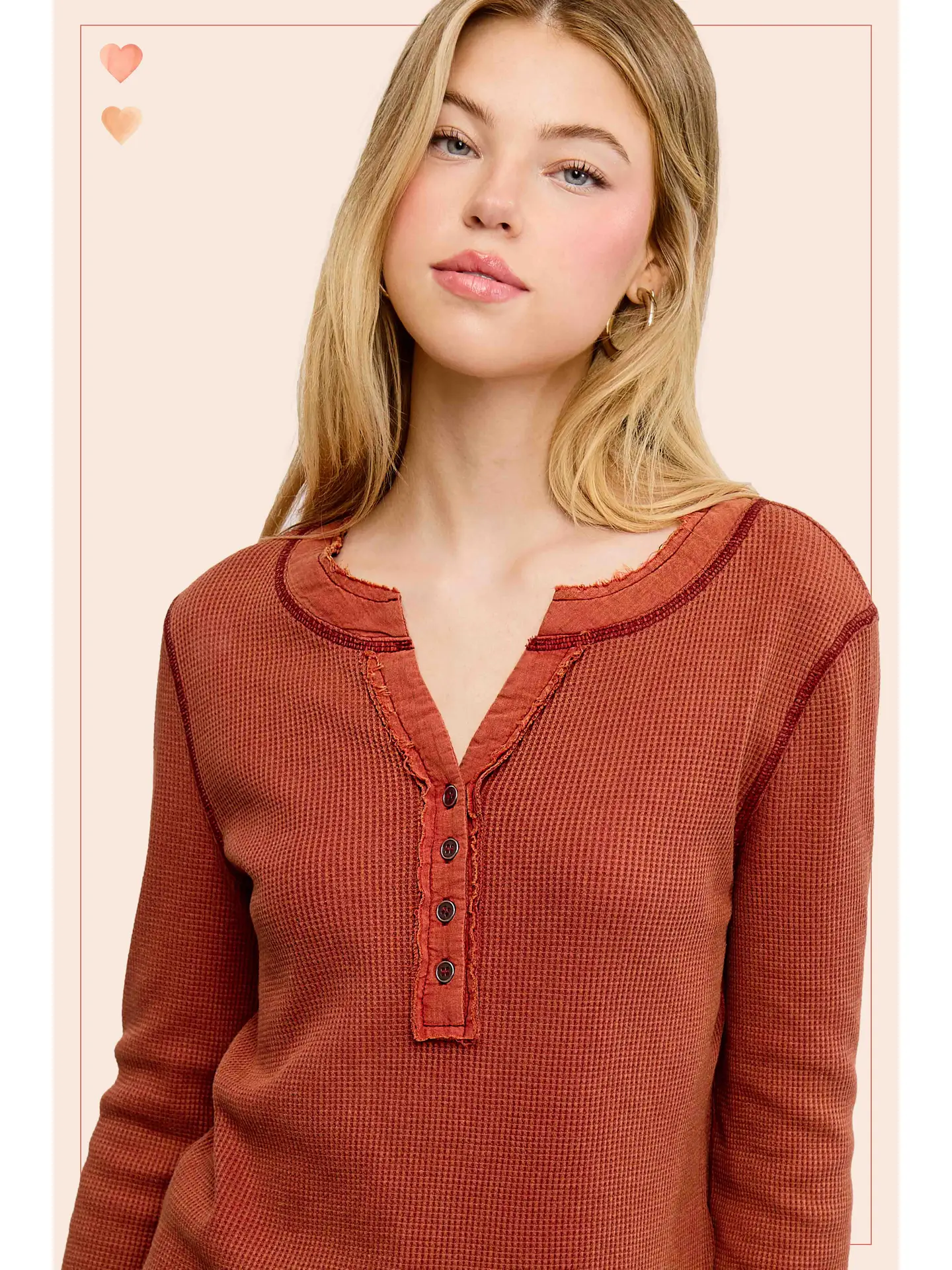 Baked Clay Waffle Long Sleeve Button Front Henley Thermal Top