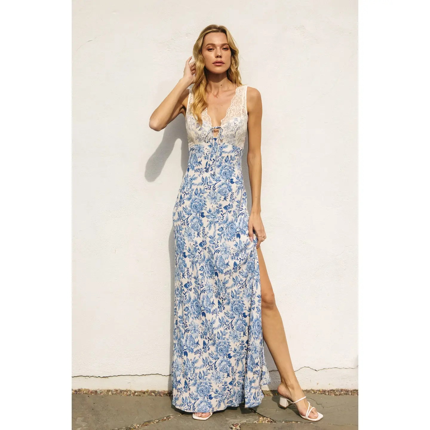 Au Revoir Empire Lace & Satin Contrast Maxi Dress