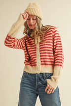 Taupe Mauve Striped Hoodie Sweater Cardigan
