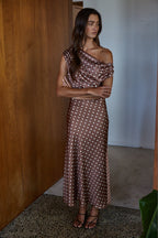 Chocolate Satin Polka Dot Cowl Neck Maxi Dress