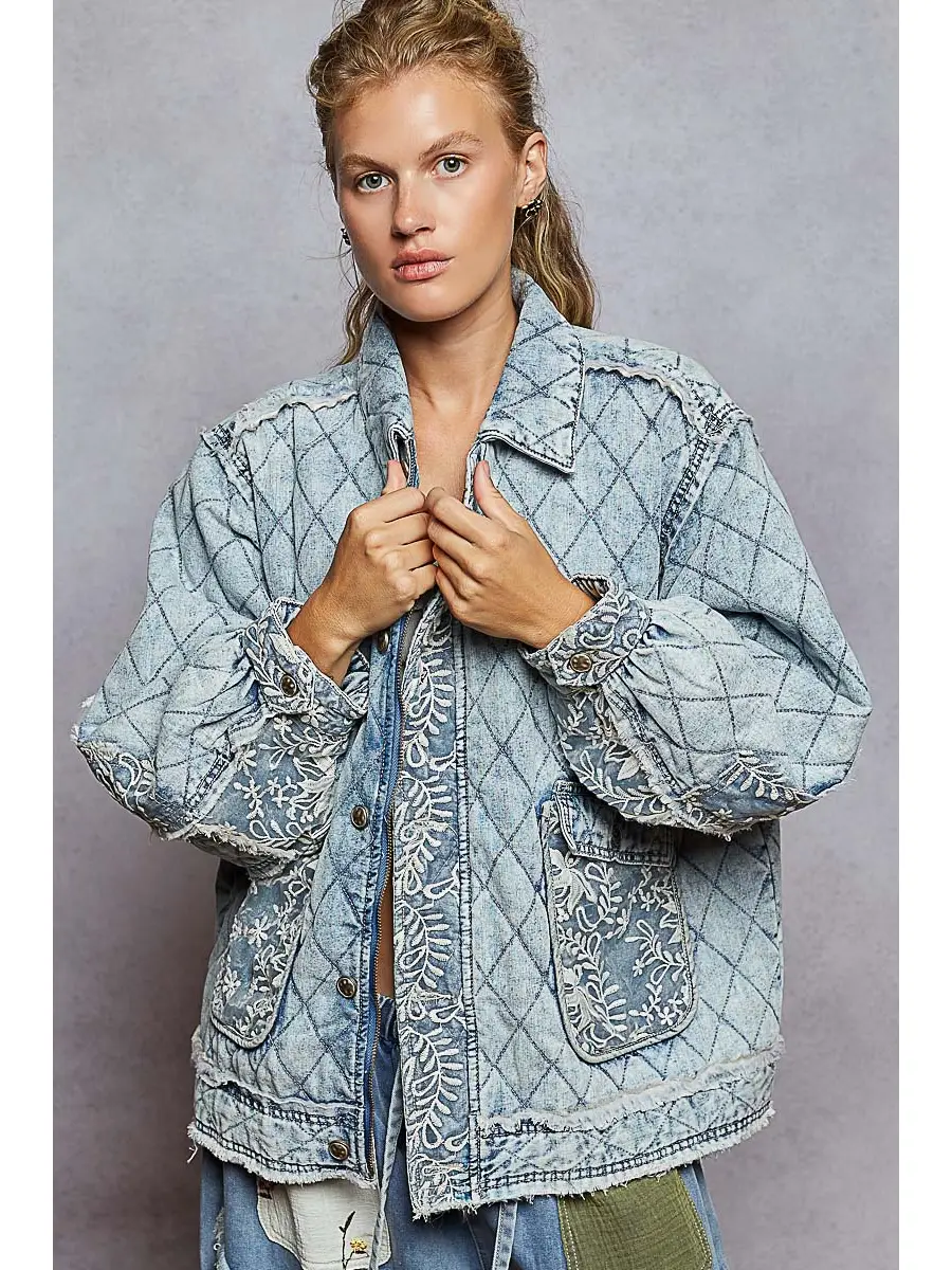 Patched Lace Quilted Denim Jacket