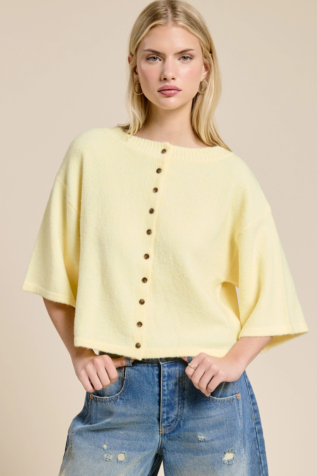 Button Front Short Sleeve Knit Cardigan