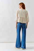 Aaron & Amber Natural Mix Media Babydoll Half Zip Sweater