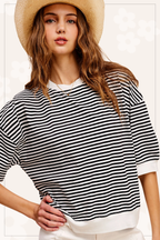 Loose Fit Striped Short Sleeve Crew Neckline Top