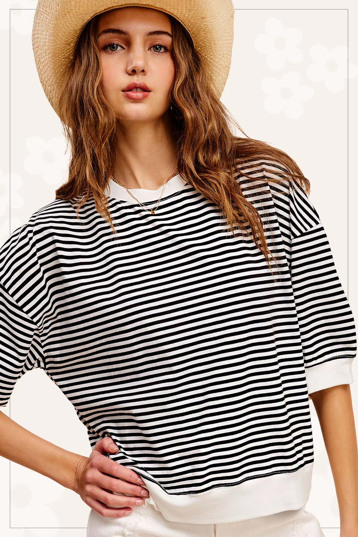 Loose Fit Striped Short Sleeve Crew Neckline Top