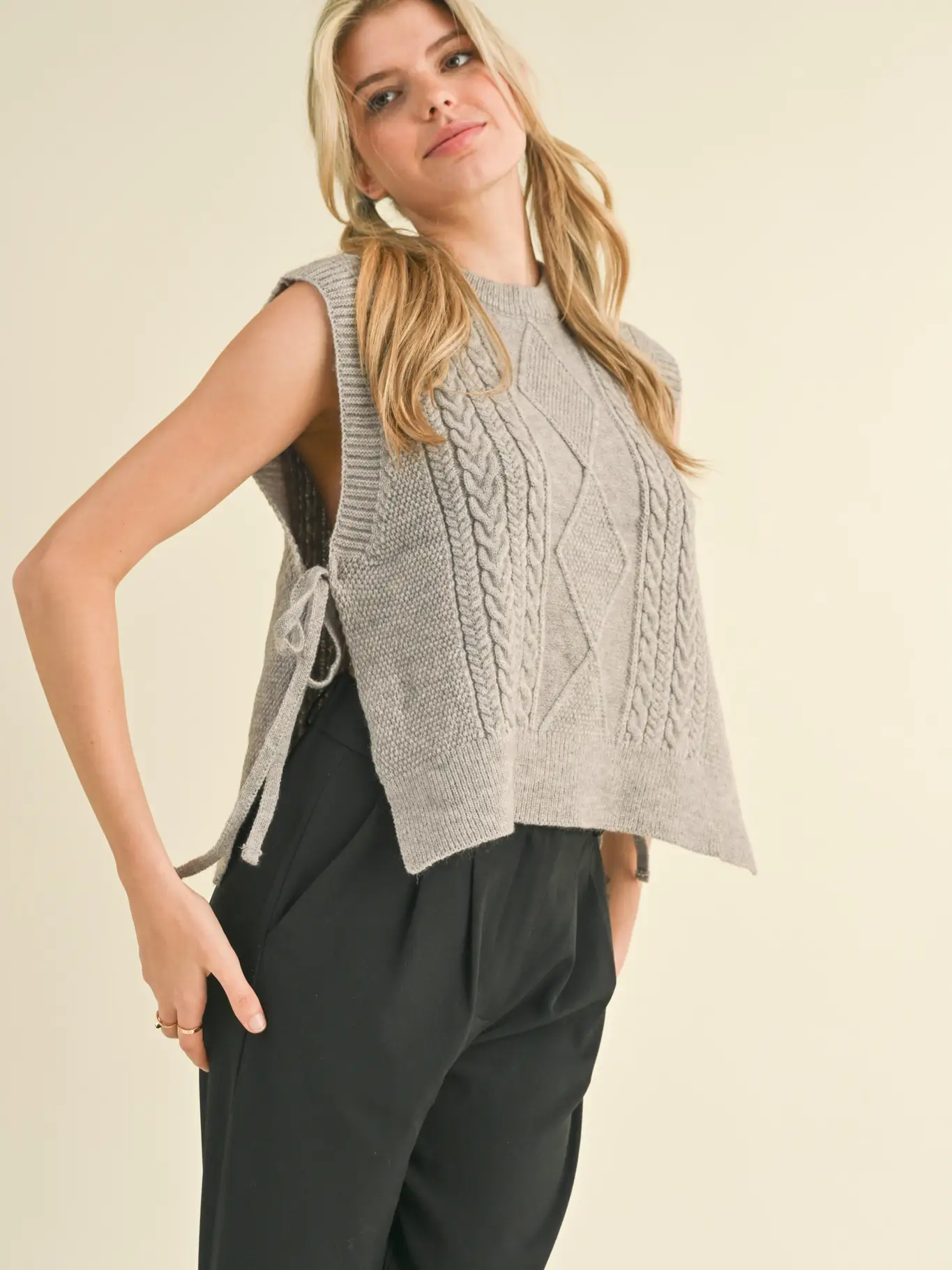 Grey Cable Knit Side Tie Sweater Vest