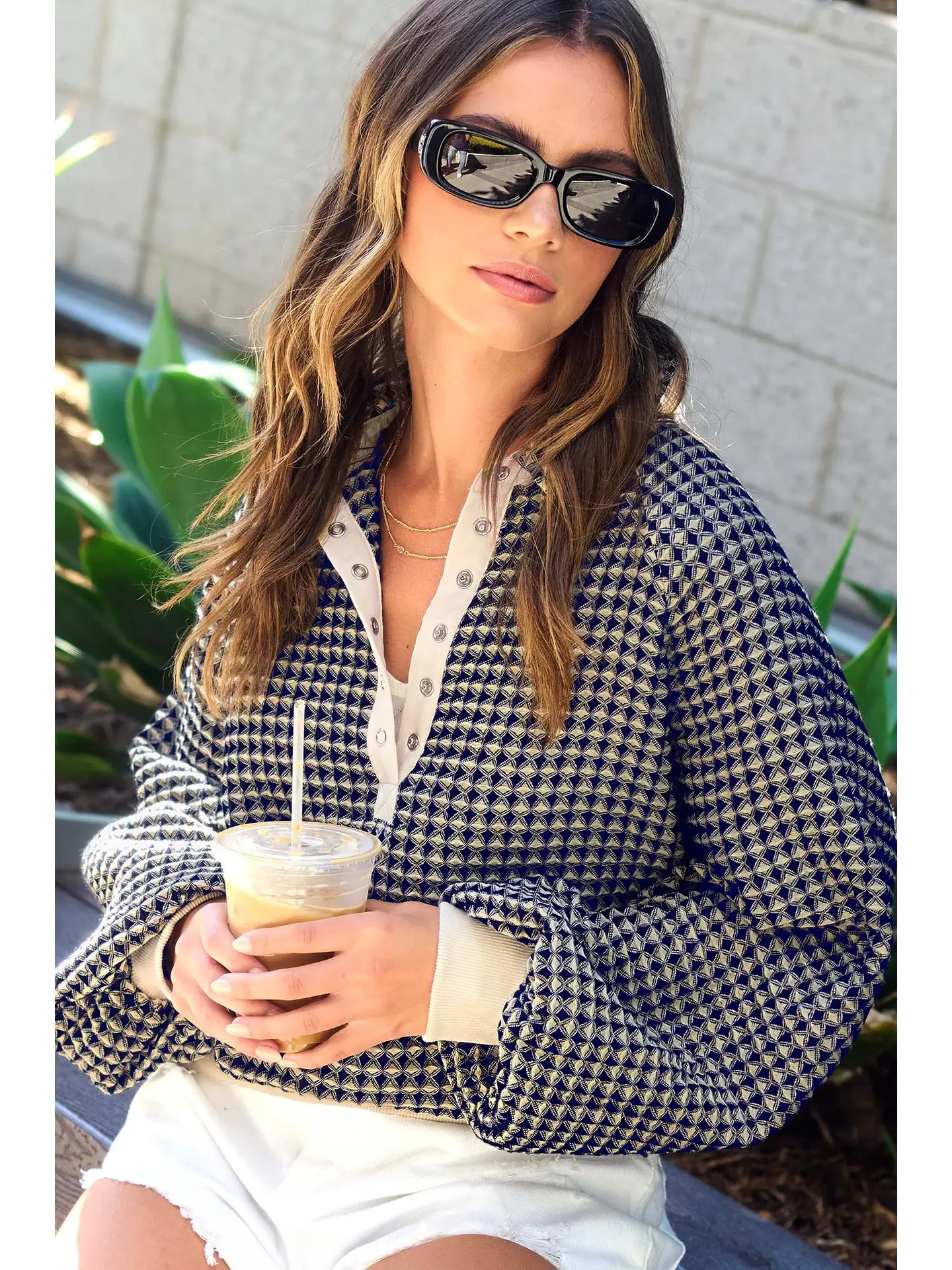 Caviar Two Tone Textured Snap Button Front Top