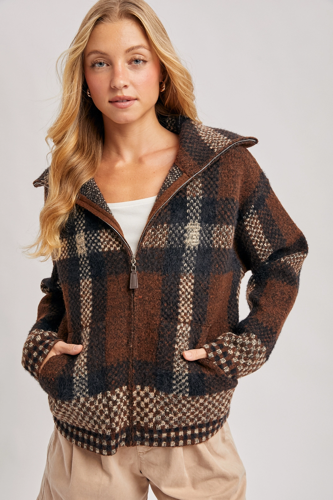 Plaid Fuzzy Knit Sweater Jacket
