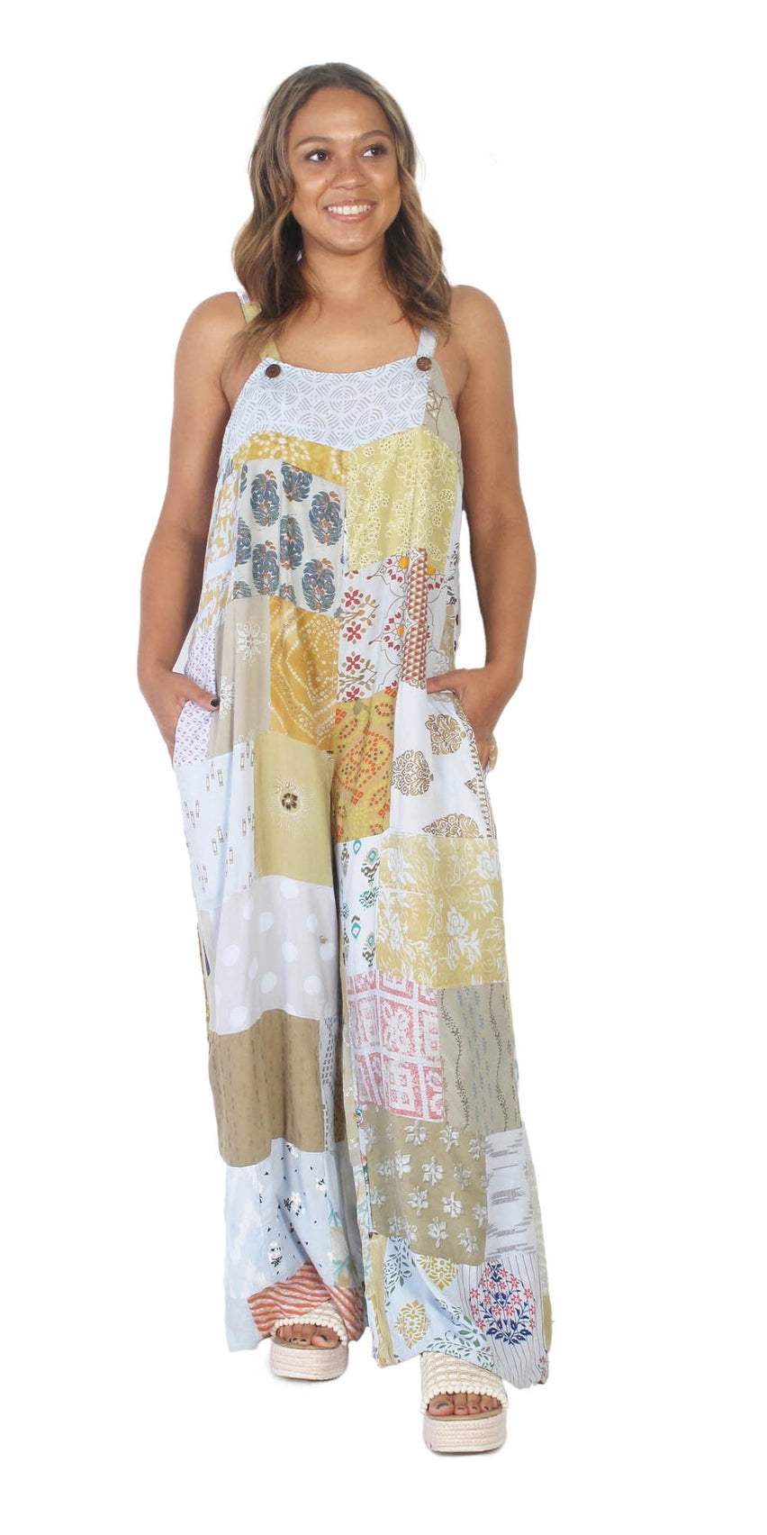 Blue Sky Patchwork Overalls in Rayon