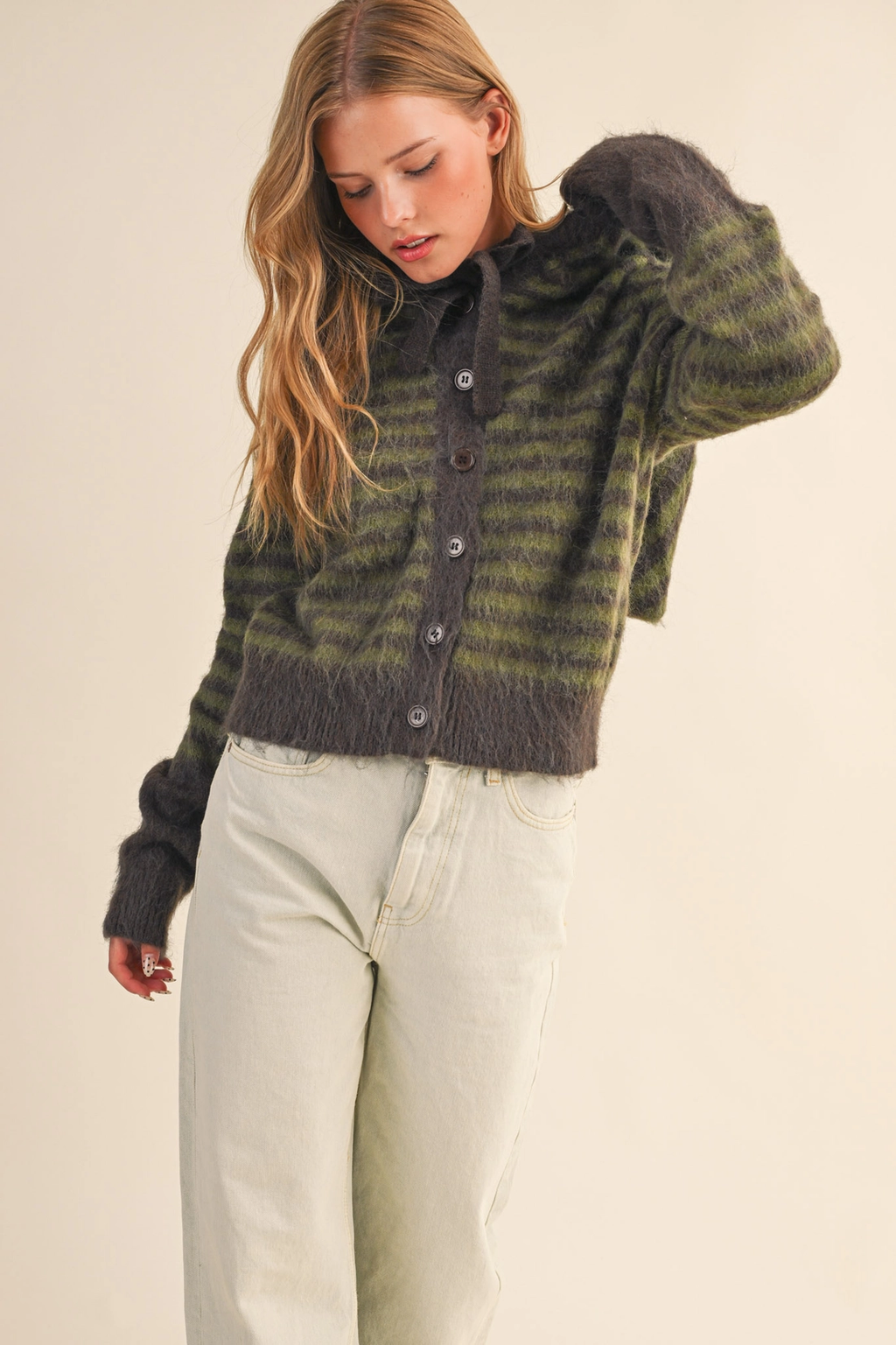 Taupe Mauve Striped Hoodie Sweater Cardigan