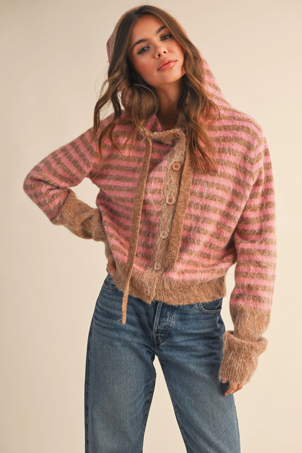 Taupe Mauve Striped Hoodie Sweater Cardigan
