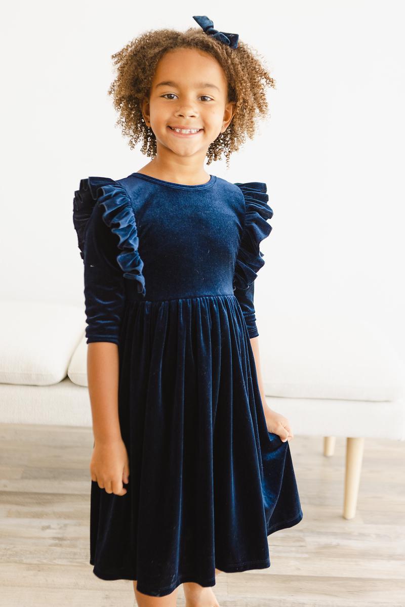 Mila & Rose Navy Velvet Ruffle Twirl Dress